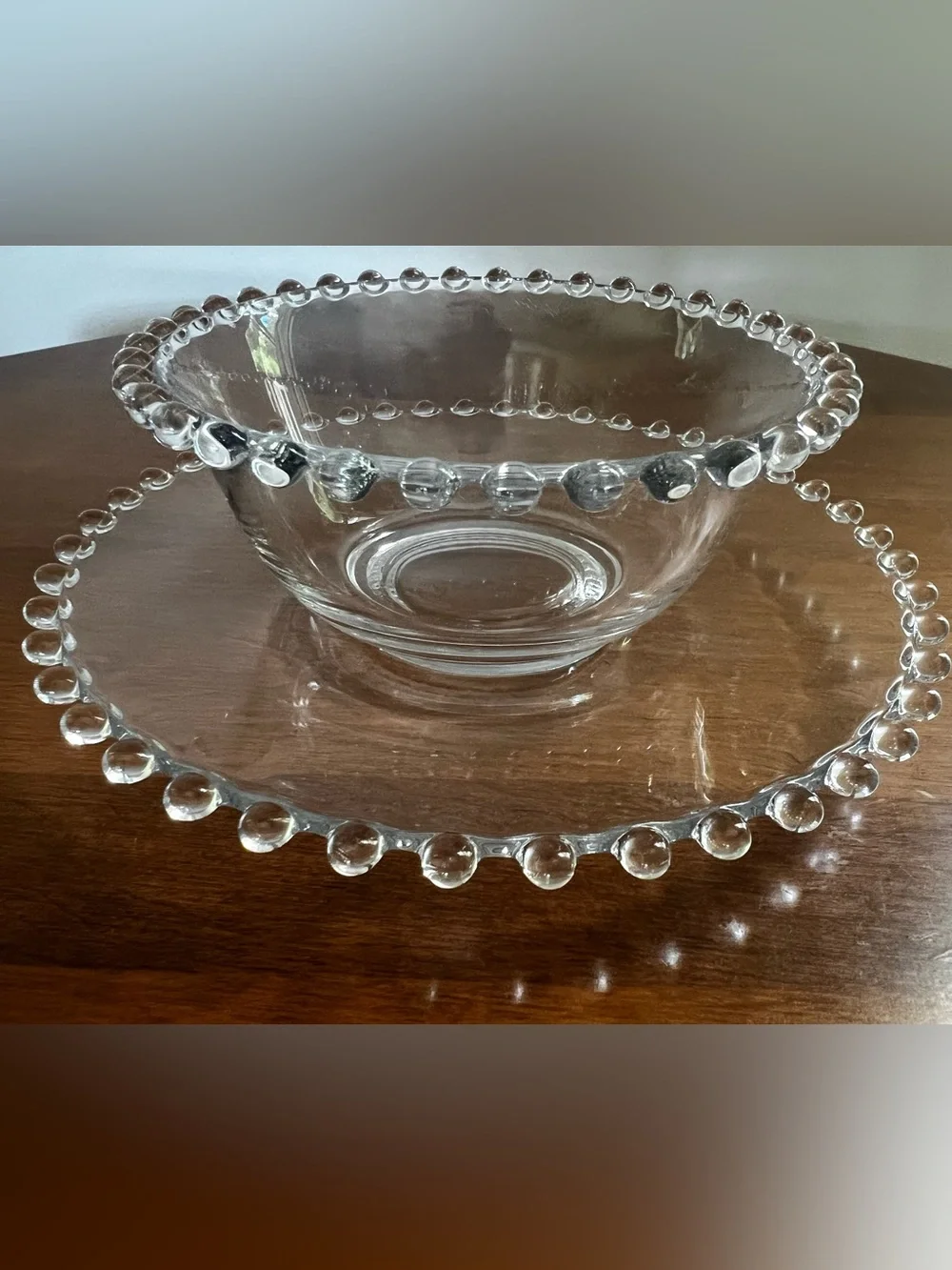 Vintage imperial Glass Beaded Bowl with Plate Set